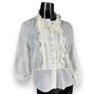 Vintage Ivory Ruffle Front Top Blouse Semi-Sheer High Neck Tuxedo Secretary